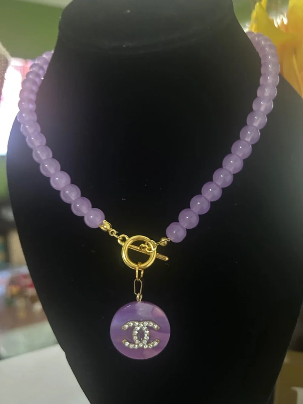 lavender Beaded Necklace with Gold Toggle(stamped)16” - Picture 3 of 12